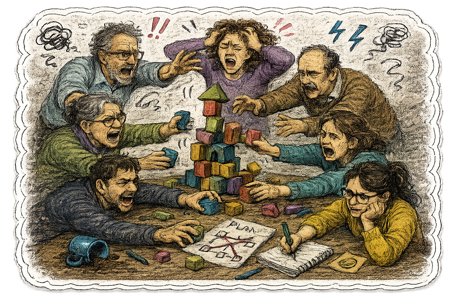 Sticker de un grupo discutiendo mientras construye una torre de bloques